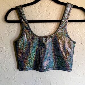 Rainbow holographic metallic silver stretch Crop Top tank Size S Small 2 4 6